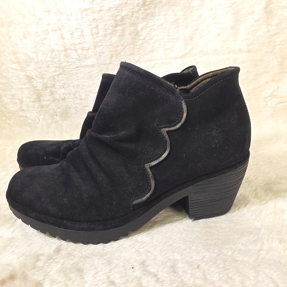 Fly London Waco Suede Ankle Boots Black Scalloped Edge Women 42 11 Excellent